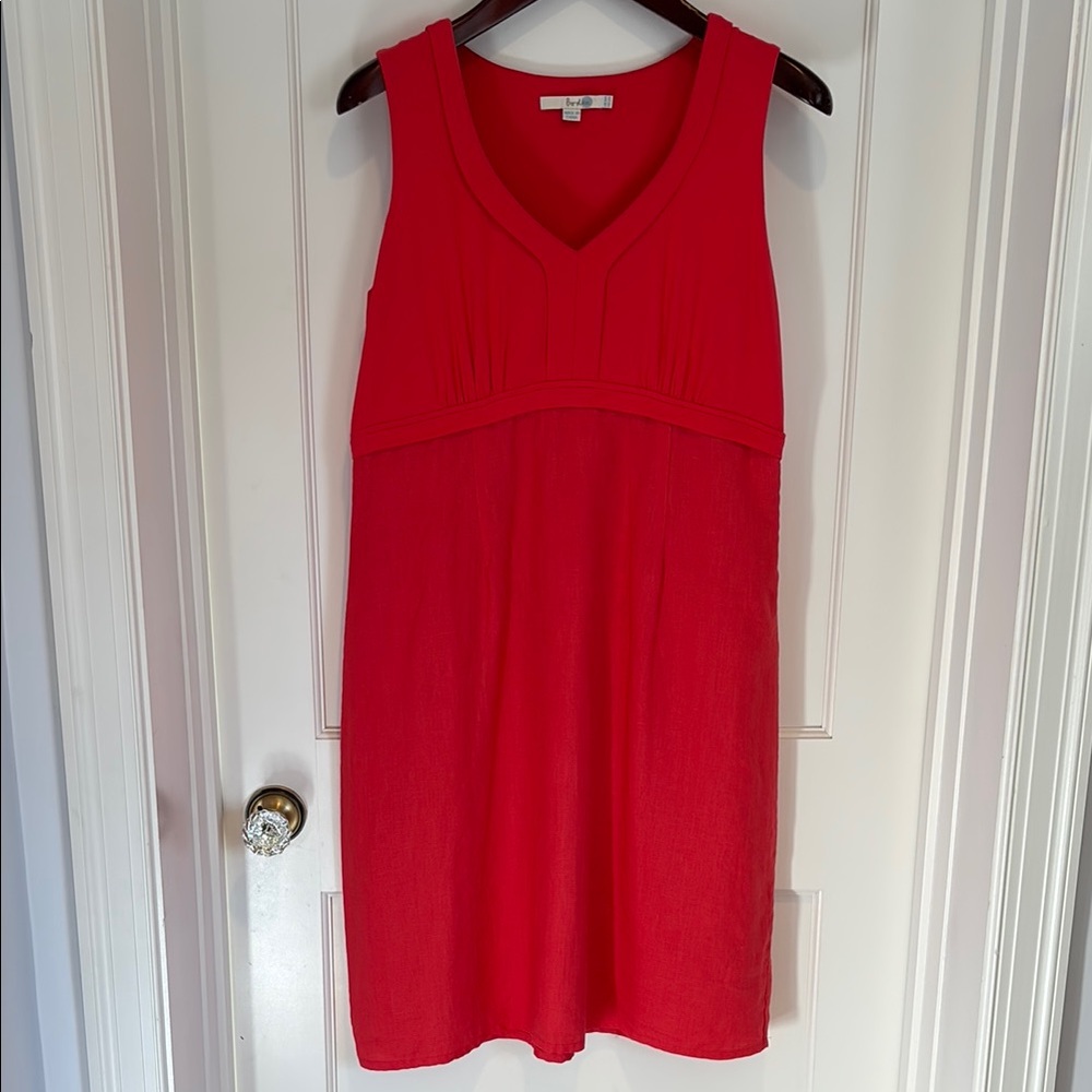 Boden sleeveless midi dress with 100% linen skirt in pretty pink / red